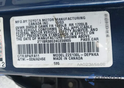 2004 Toyota Corolla Le from USA, damaged, VIN 2T1BR38E24C236905